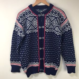 Vintage Dale of Norway large size 50 Fair Isle hook closure sweater navy red